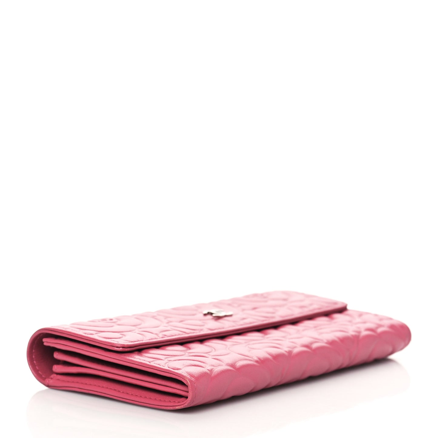 Lambskin Embossed Camellia Large Gusset Flap Wallet Pink