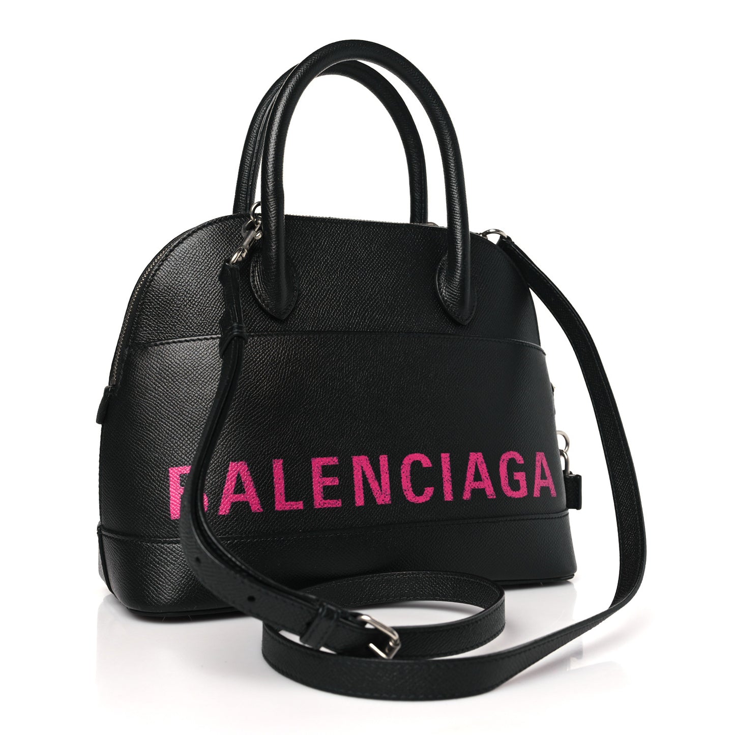Signature Grained Calfskin Logo S Ville Top Handle Bag Black Rose Shocking