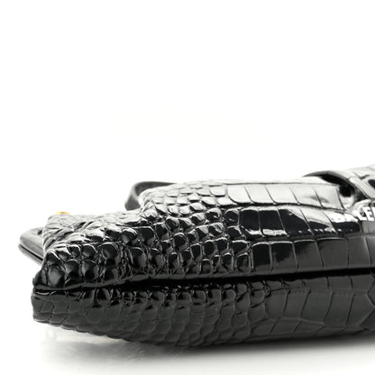 Balenciaga Shiny Supple Calfskin Logo Crocodile Embossed XL Cloud Clutch Black White 7 of 9