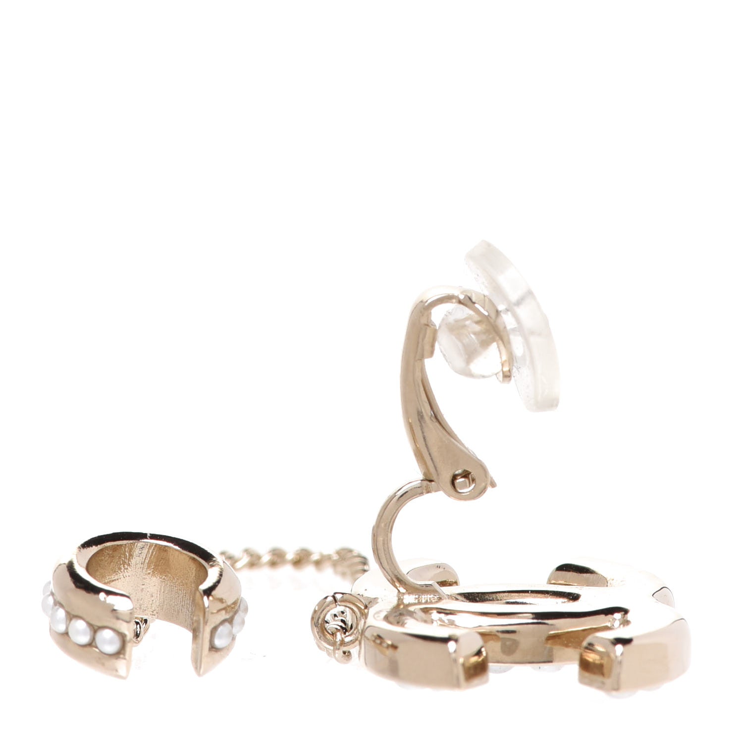 Chanel Crystal CC Chain Cuff Single Clip On Earring Gold Pearly White 4 of 5