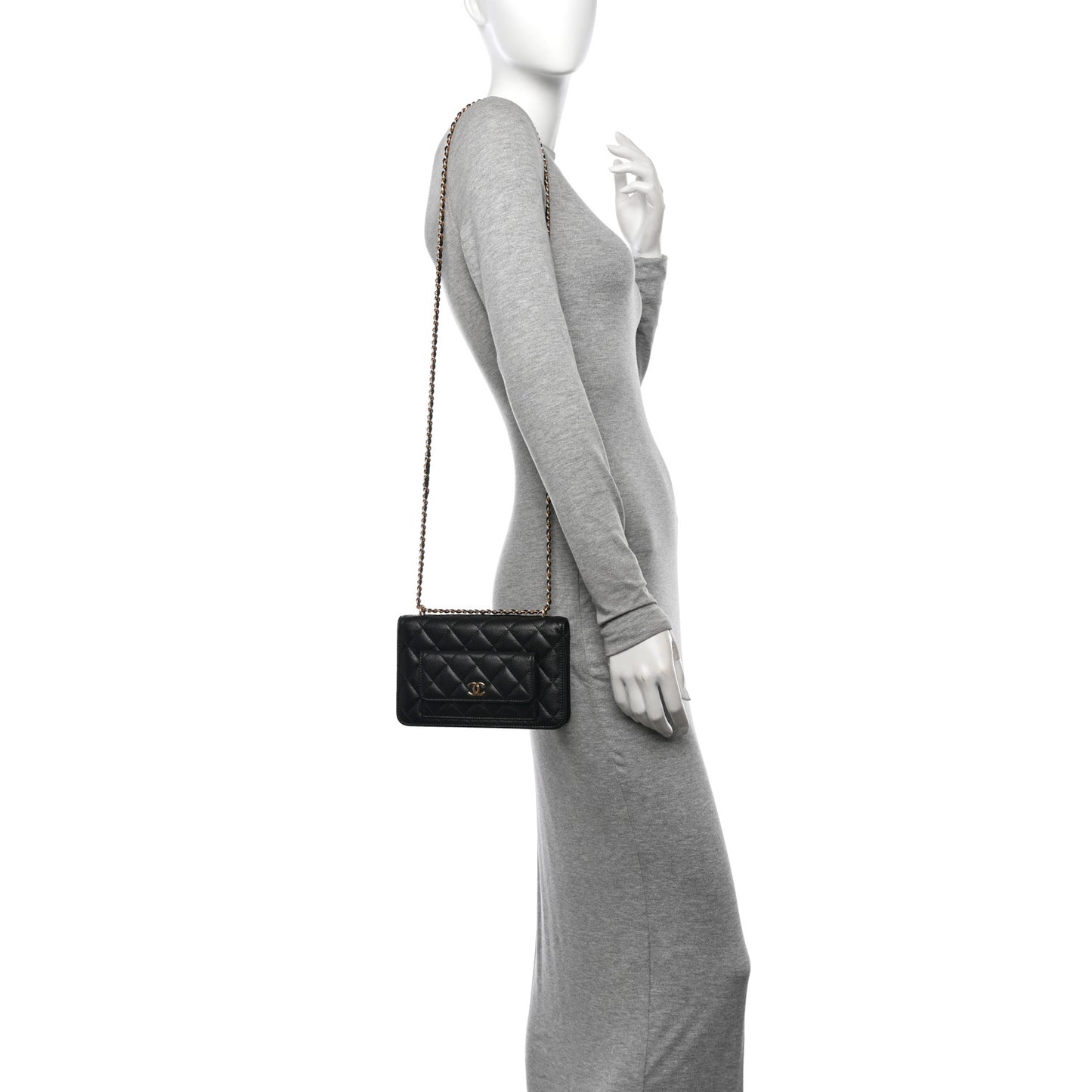 Caviar Quilted Pocket Clutch With Chain WOC Black