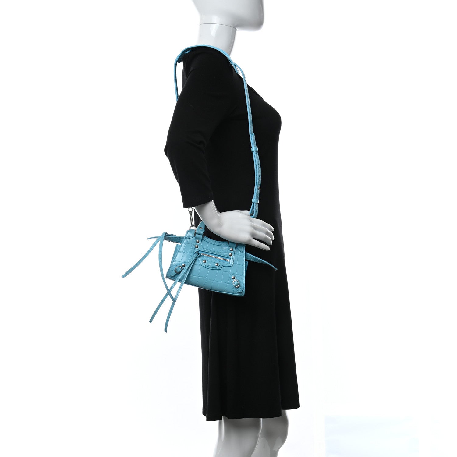 Balenciaga Calfskin Crocodile Embossed Neo Classic Silver Hardware Nano City Crossbody Azur 2 of 8