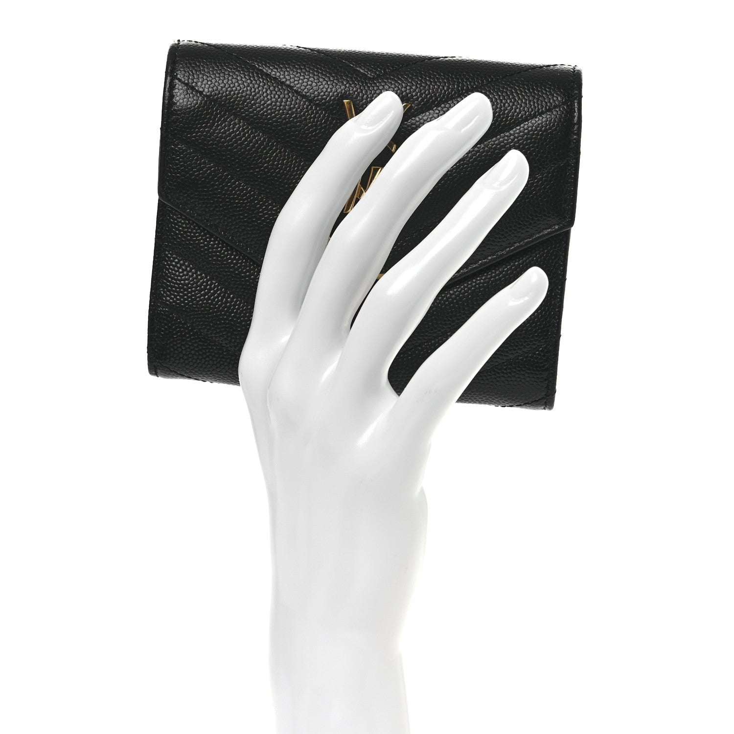 Saint Laurent Grain De Poudre Matelasse Chevron Monogram Compact Tri Fold Wallet Black 2 of 9