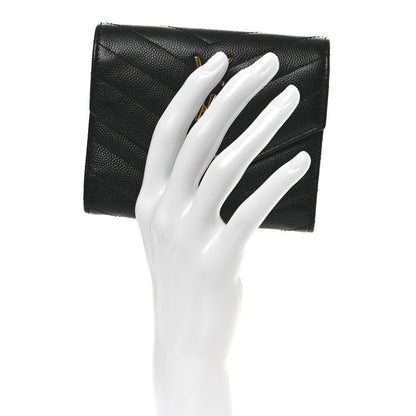 Saint Laurent Grain De Poudre Matelasse Chevron Monogram Compact Tri Fold Wallet Black 2 of 9