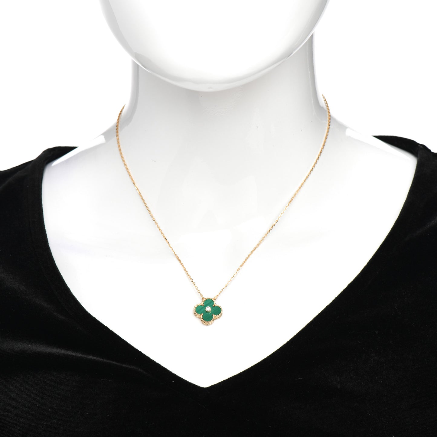 18K Yellow Gold Diamond Malachite Vintage Alhambra Pendant Necklace