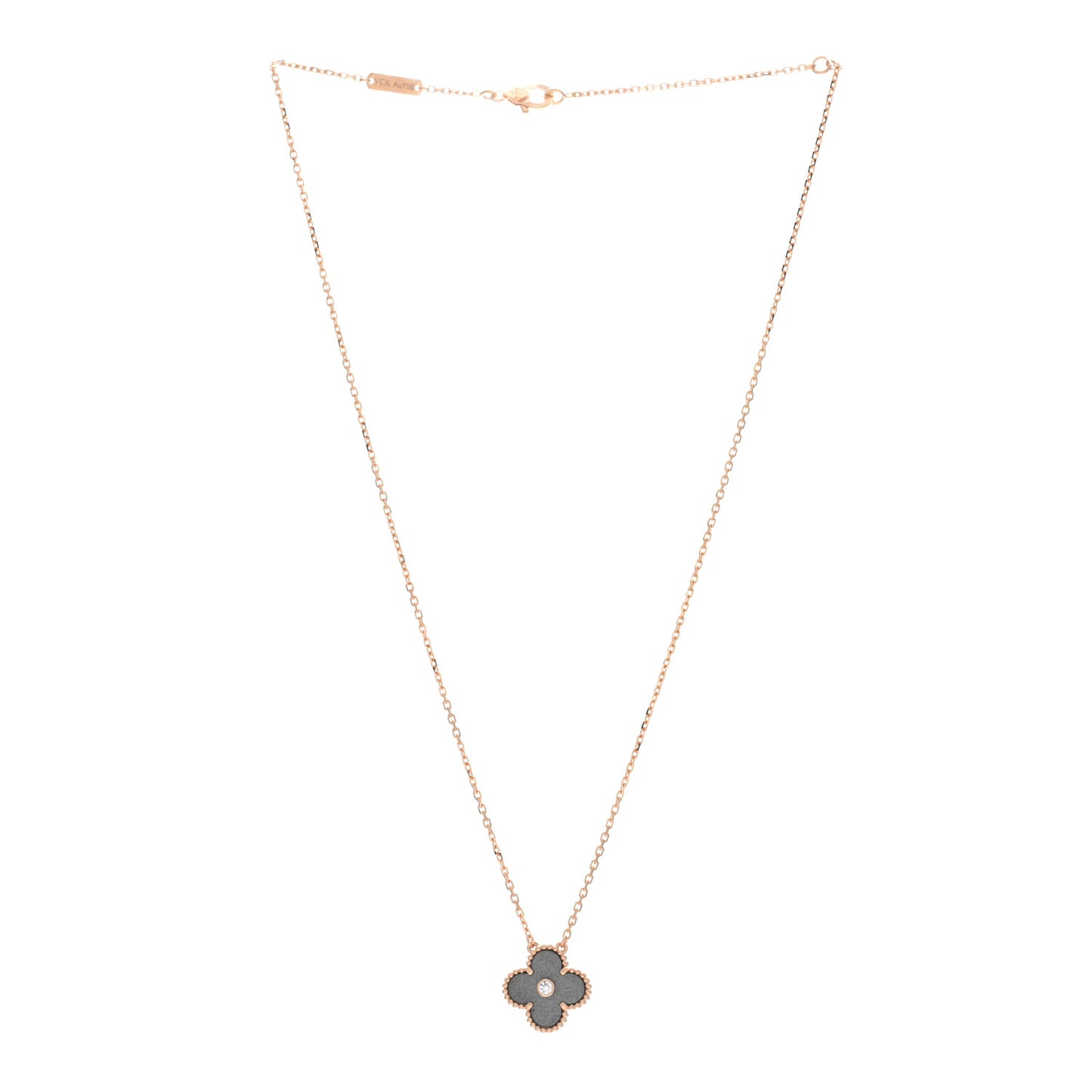 18K Rose Gold Diamond Silver Obsidian Vintage Alhambra Pendant Necklace