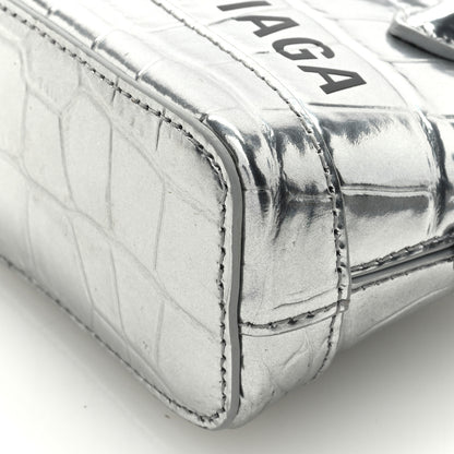 Balenciaga Metallic Calfskin Logo Crocodile Embossed Mini Ville Top Handle Bag Silver Black 8 of 9