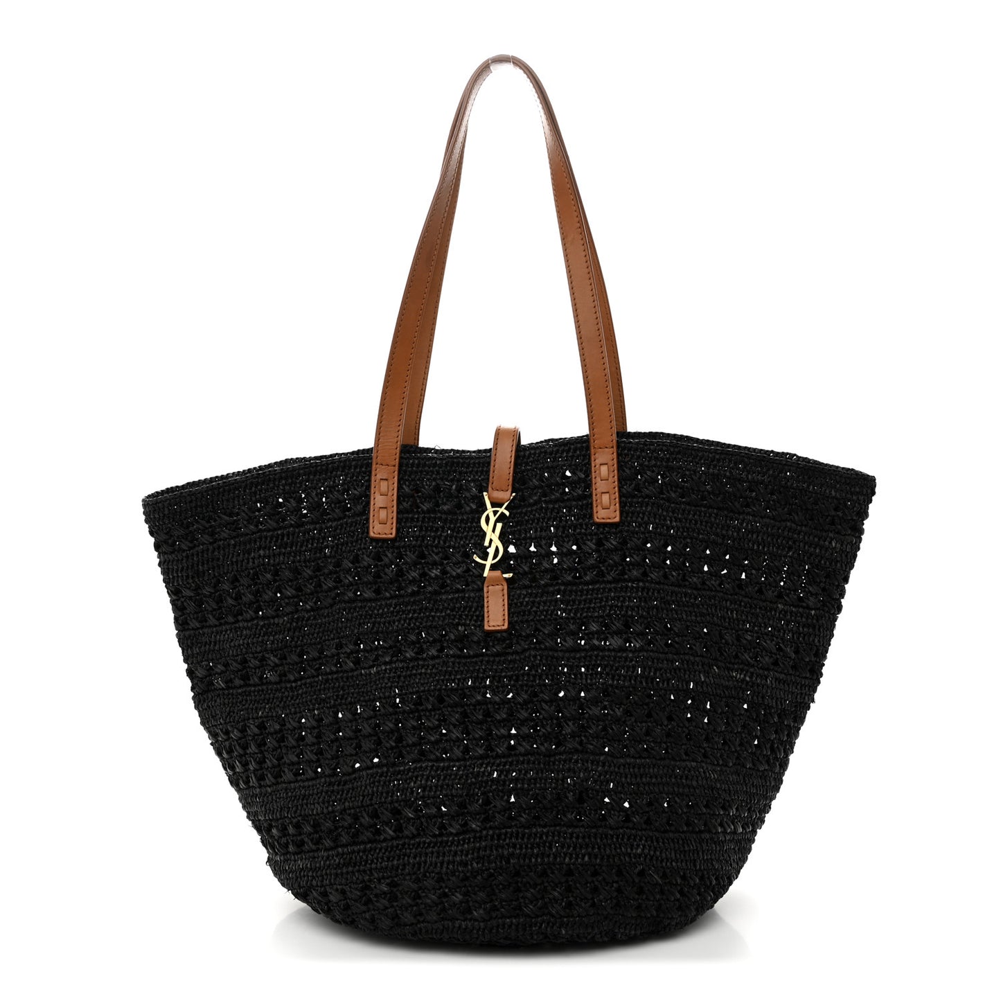 Raffia Calfskin Medium Panier Tote Black