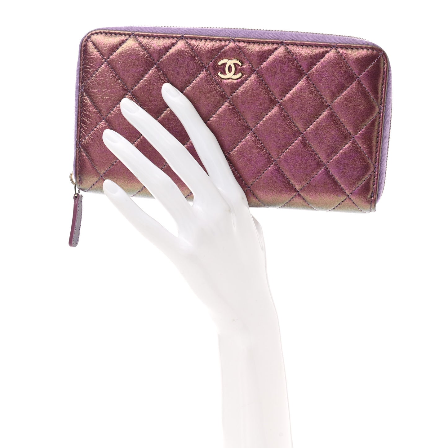 Iridescent Lambskin Quilted Large Gusset Zip Around Wallet Purple