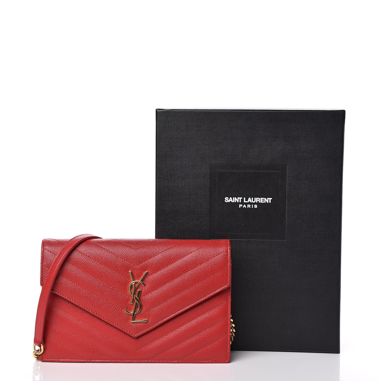 Grain De Poudre Matelasse Chevron Monogram Envelope Chain Wallet New Red