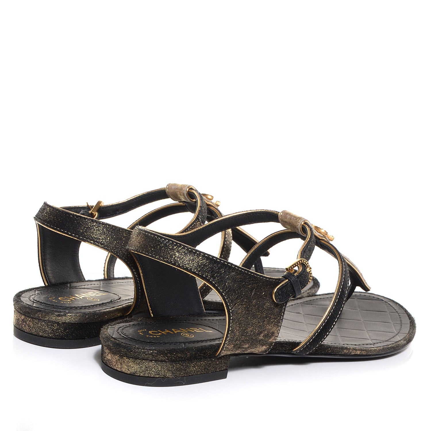 Chanel Calfskin Leopard Print Pony Hair CC Sandals Gold Black 4 of 7