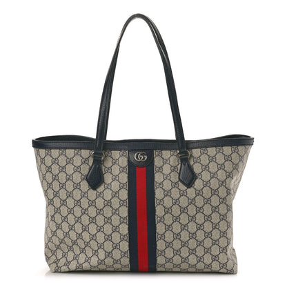 Gucci GG Supreme Monogram Textured Calfskin Web Medium Ophidia Shopping Tote Beige Blue 1 of 10