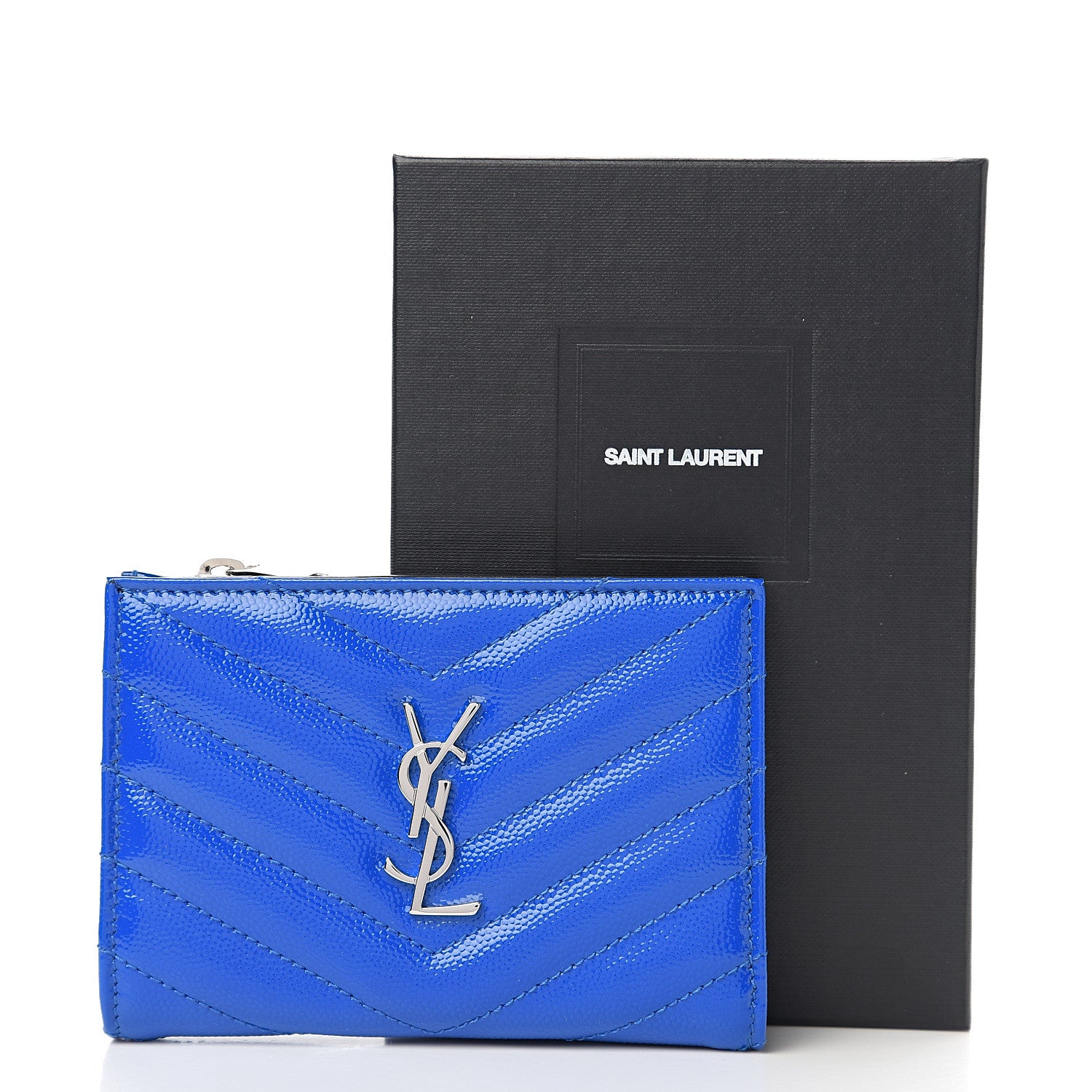 Saint Laurent Patent Grain De Poudre Matelasse Chevron Monogram Zipped Two-Part Wallet Royal Blue 6 of 6