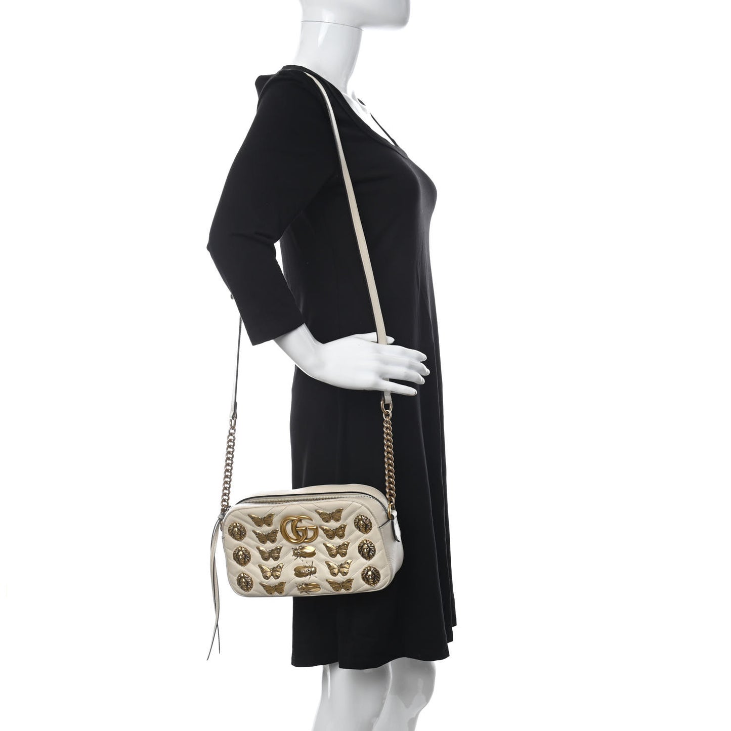 Calfskin Matelasse Animal Studs Small GG Marmont Chain Shoulder Bag White