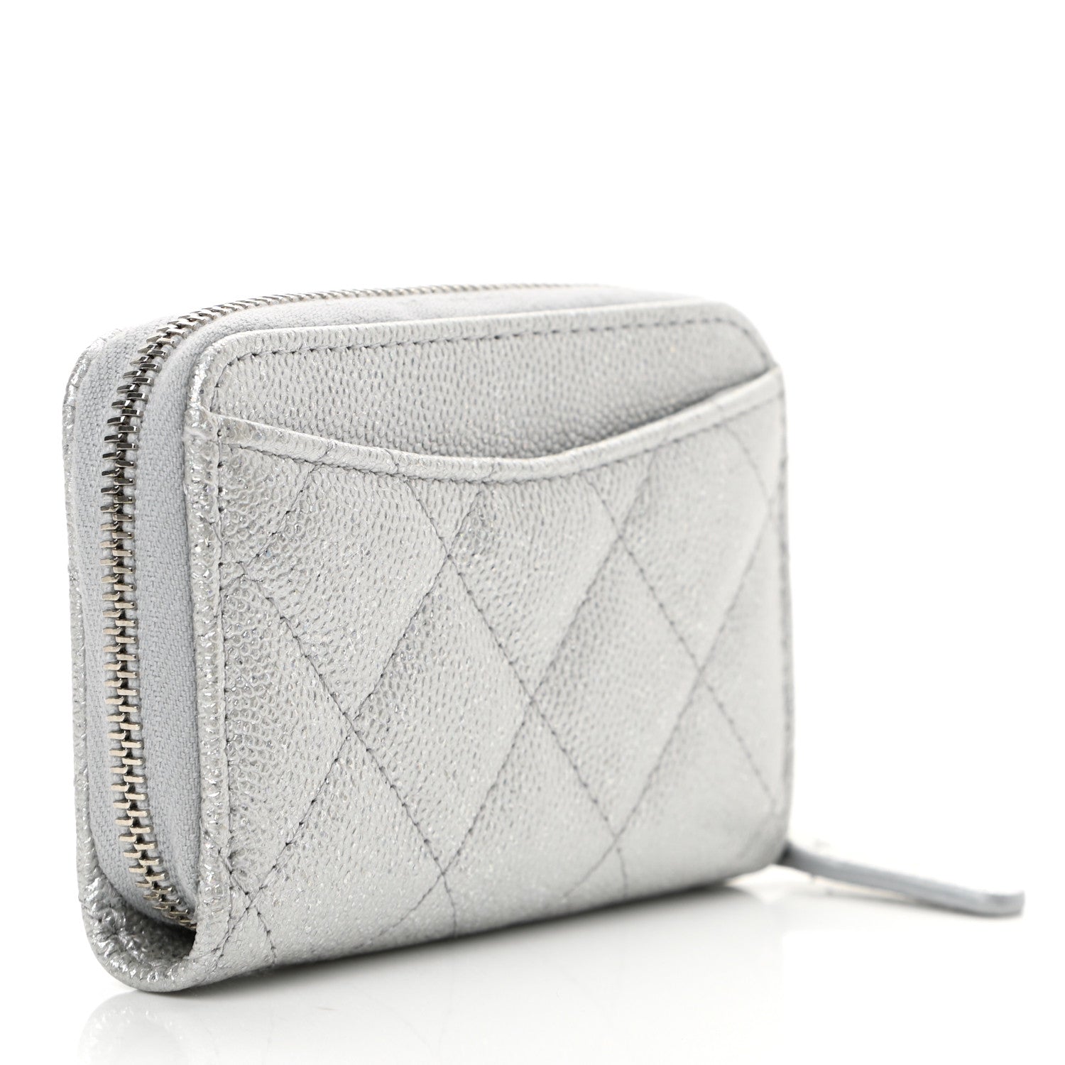 Chanel Glittered Metallic Caviar Quilted Zip Coin Purse Wallet Silver 3 of 9