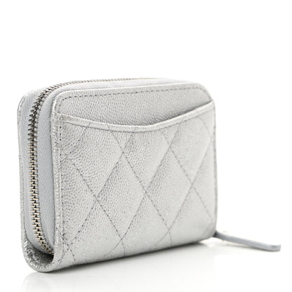 Chanel Glittered Metallic Caviar Quilted Zip Coin Purse Wallet Silver 3 of 9