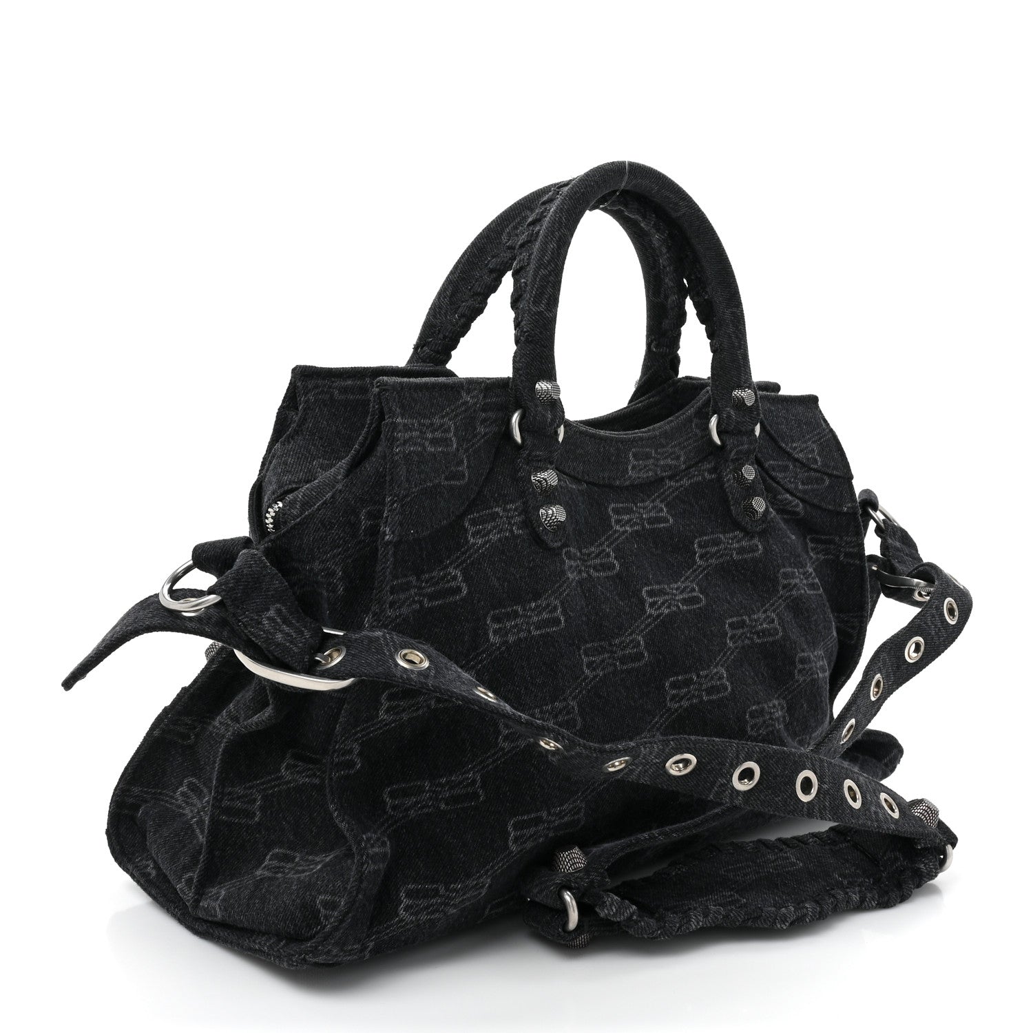 Balenciaga Washed Denim BB Monogram Neo Cagole City Handbag Black 3 of 10