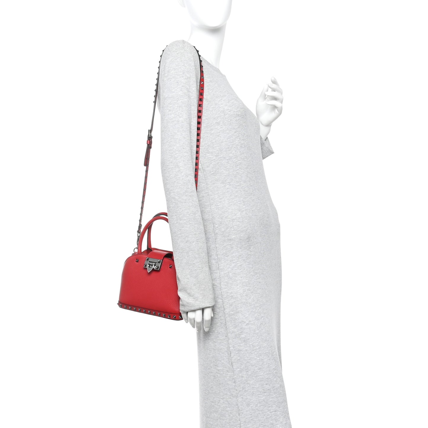 Grainy Calfskin Small Rockstud Double Top Handle Bag Rosso Valentino