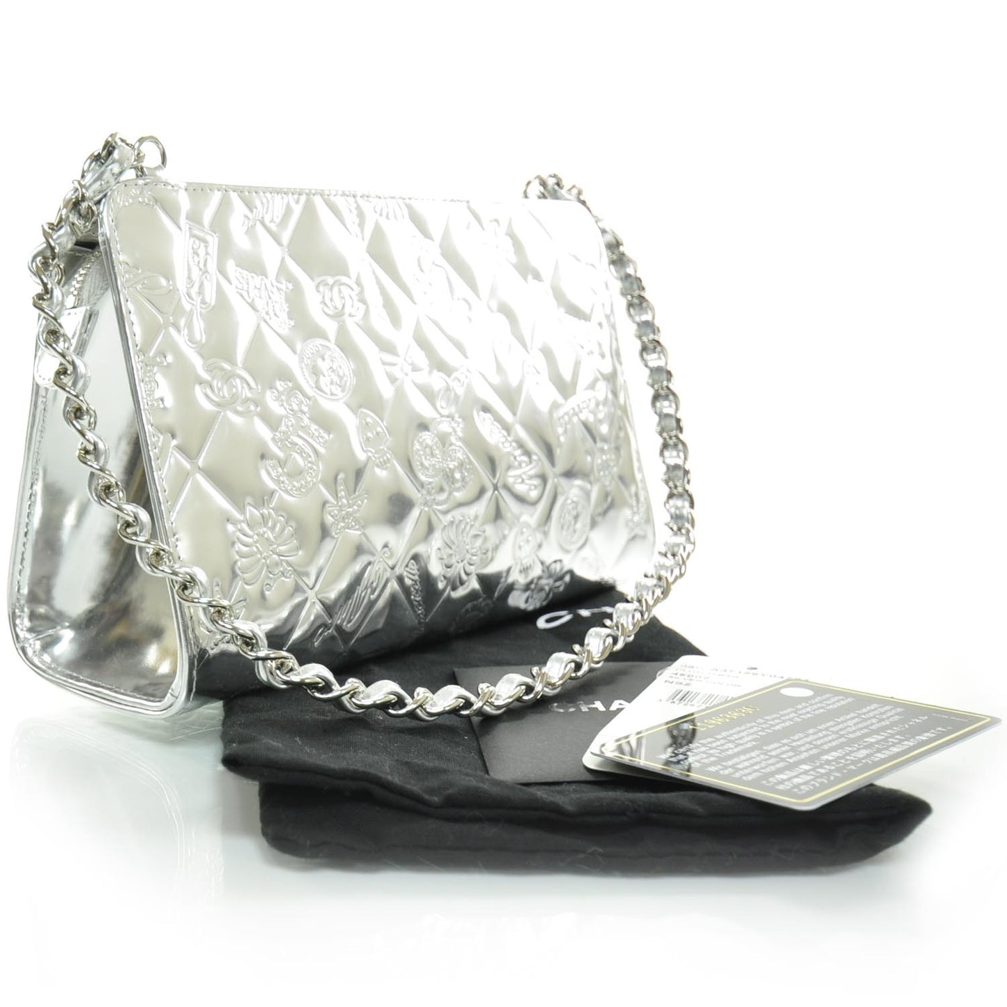 Metallic Patent Calfskin Lucky Symbols Pochette Silver