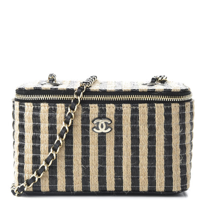 Chanel Raffia Jute Striped Small Vanity Case With Chain Black Beige 1 of 10