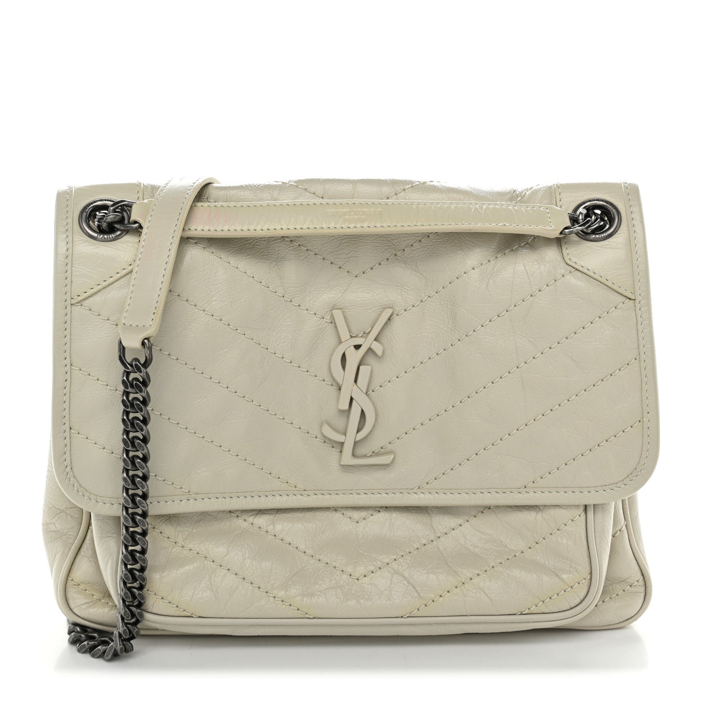 Crinkled Calfskin Matelasse Monogram Medium Niki Chain Satchel Blanc Vintage