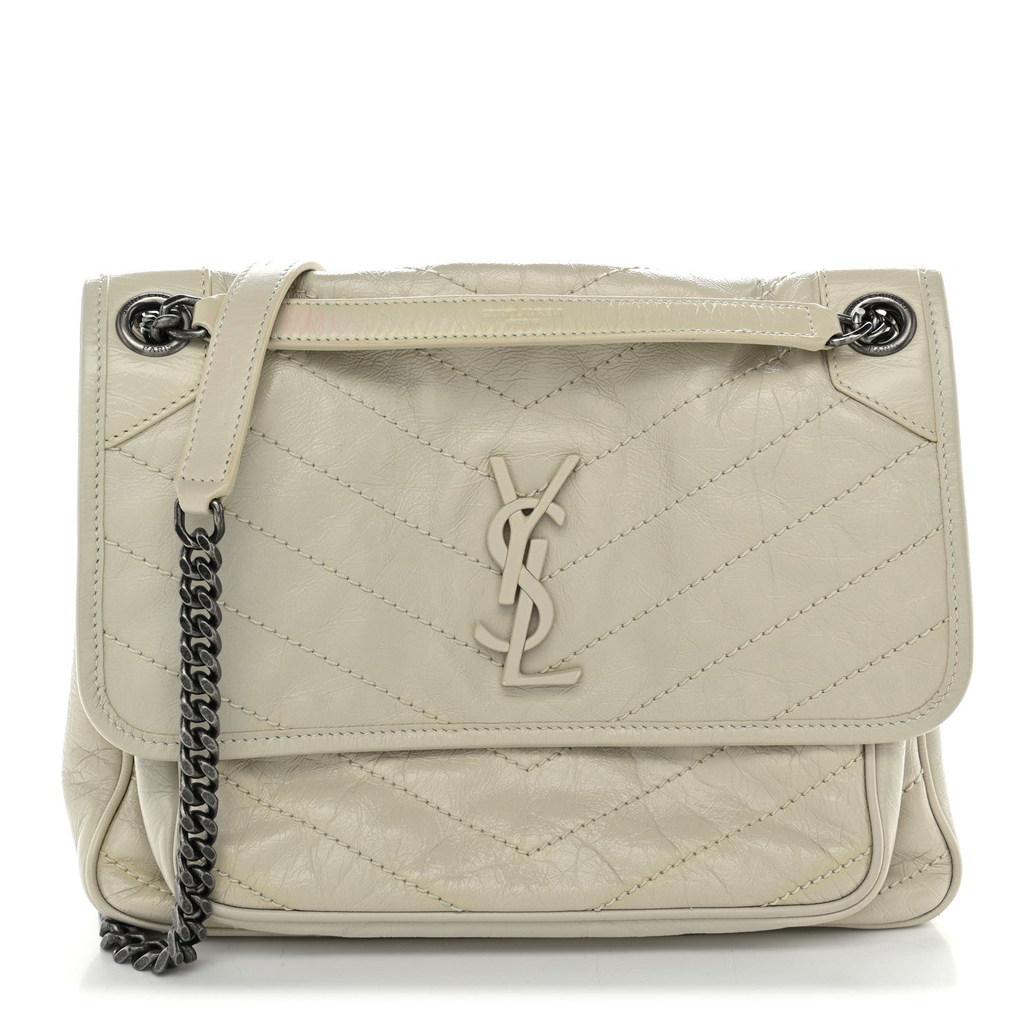 Saint Laurent Crinkled Calfskin Matelasse Monogram Medium Niki Chain Satchel Blanc Vintage 1 of 13