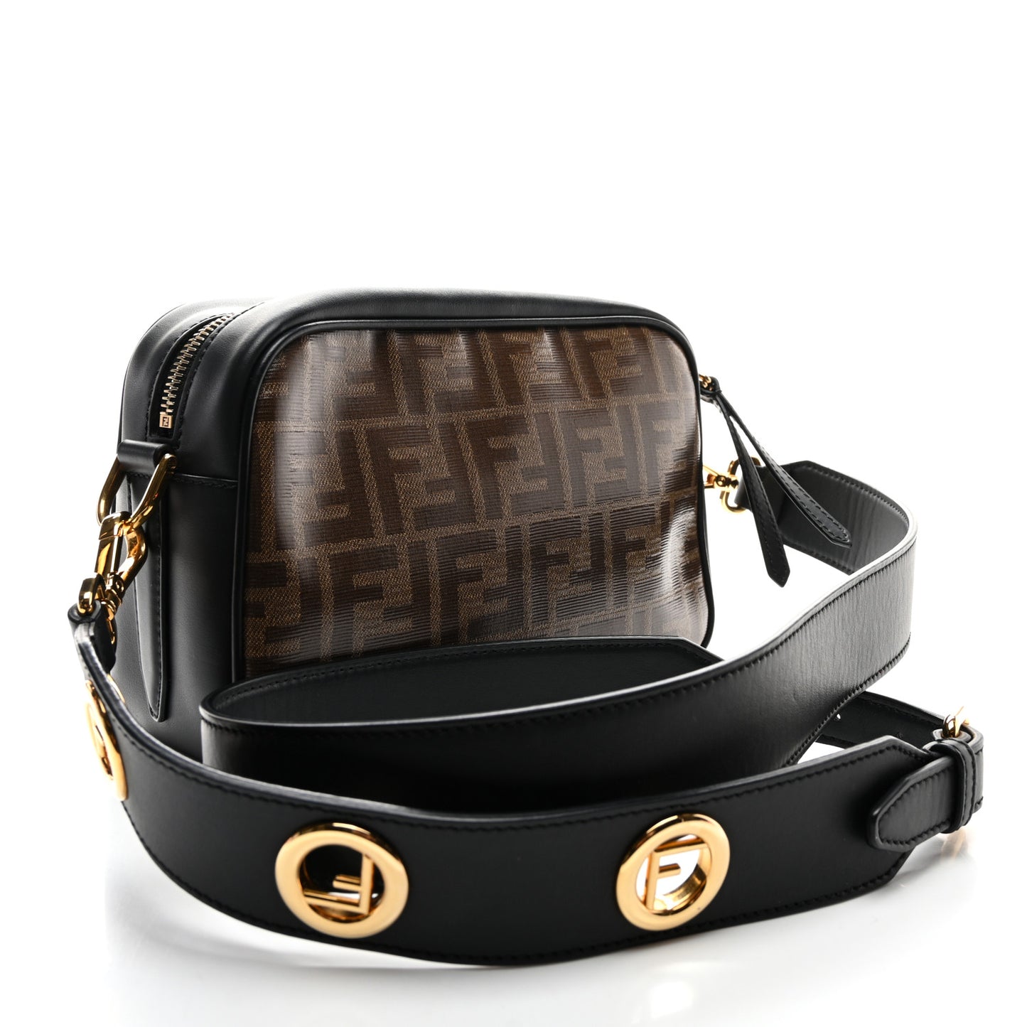 Glazed Fabric Vitello Century F is Fendi FF 1974 Stamp Patch Camera Case Mogano Panna Black