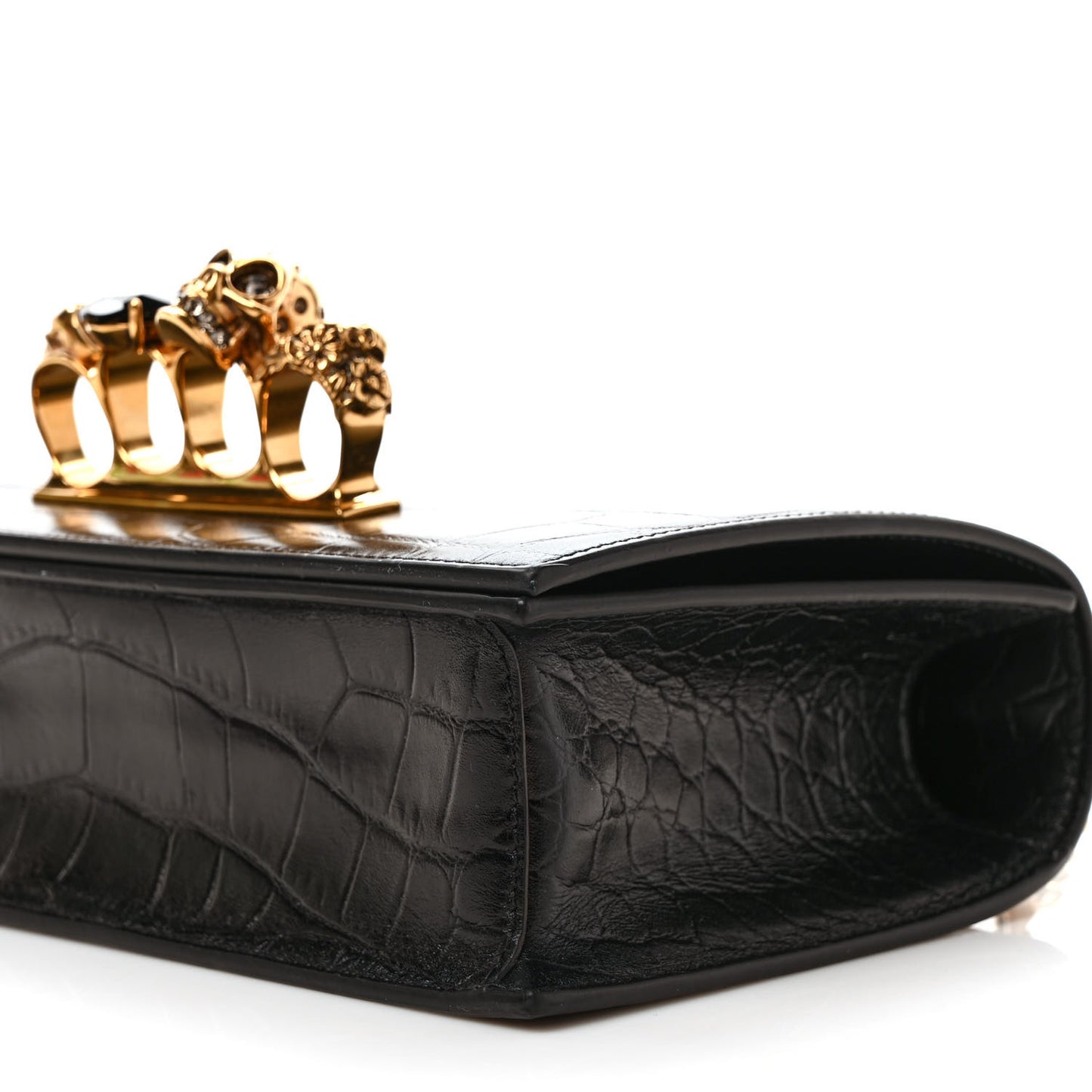 Shiny Crocodile Embossed Jeweled Satchel Black