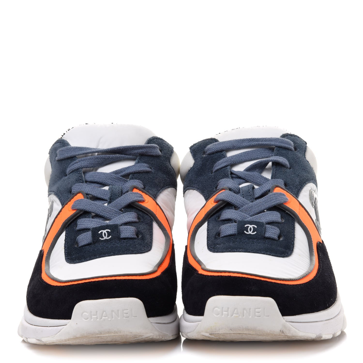 Chanel Nylon Calfskin Suede CC Womens Sneakers 36.5 Navy White Orange Black 2 of 9