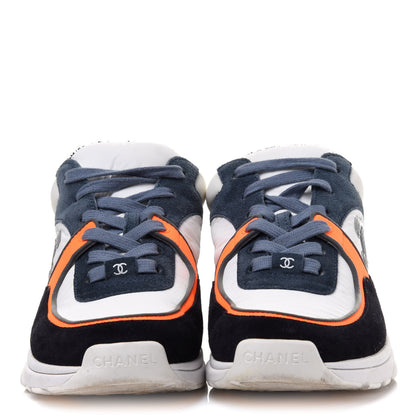 Chanel Nylon Calfskin Suede CC Womens Sneakers 36.5 Navy White Orange Black 2 of 9