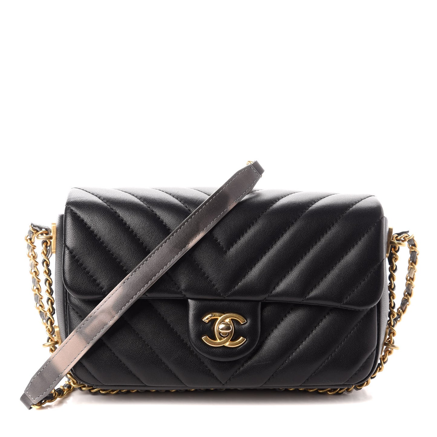 Lambskin Chevron Quilted Chain Around Mini Rectangular Flap Black