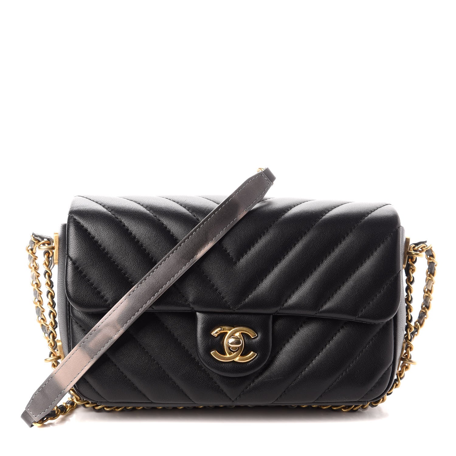Chanel Lambskin Chevron Quilted Chain Around Mini Rectangular Flap Black 1 of 10