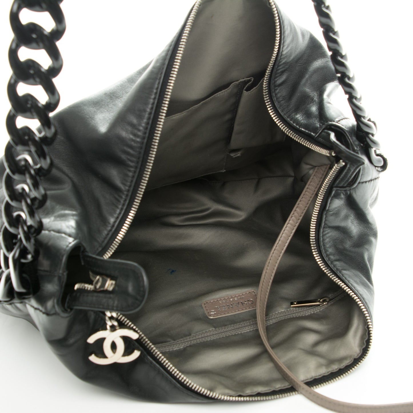 Calfskin Modern Chain Rhodoid Hobo Black
