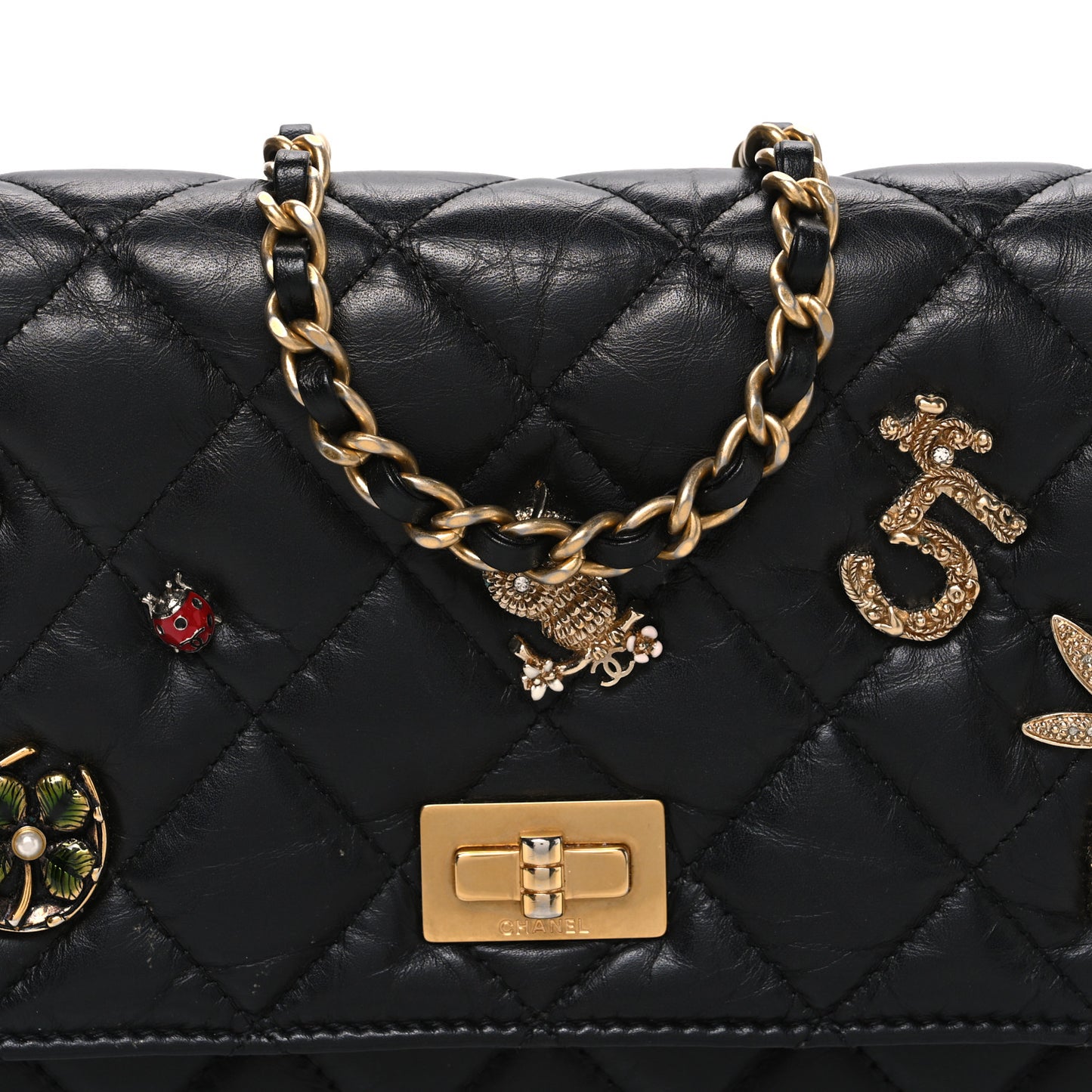 Aged Calfskin Lucky Charms 2.55 Reissue Wallet on Chain WOC Black