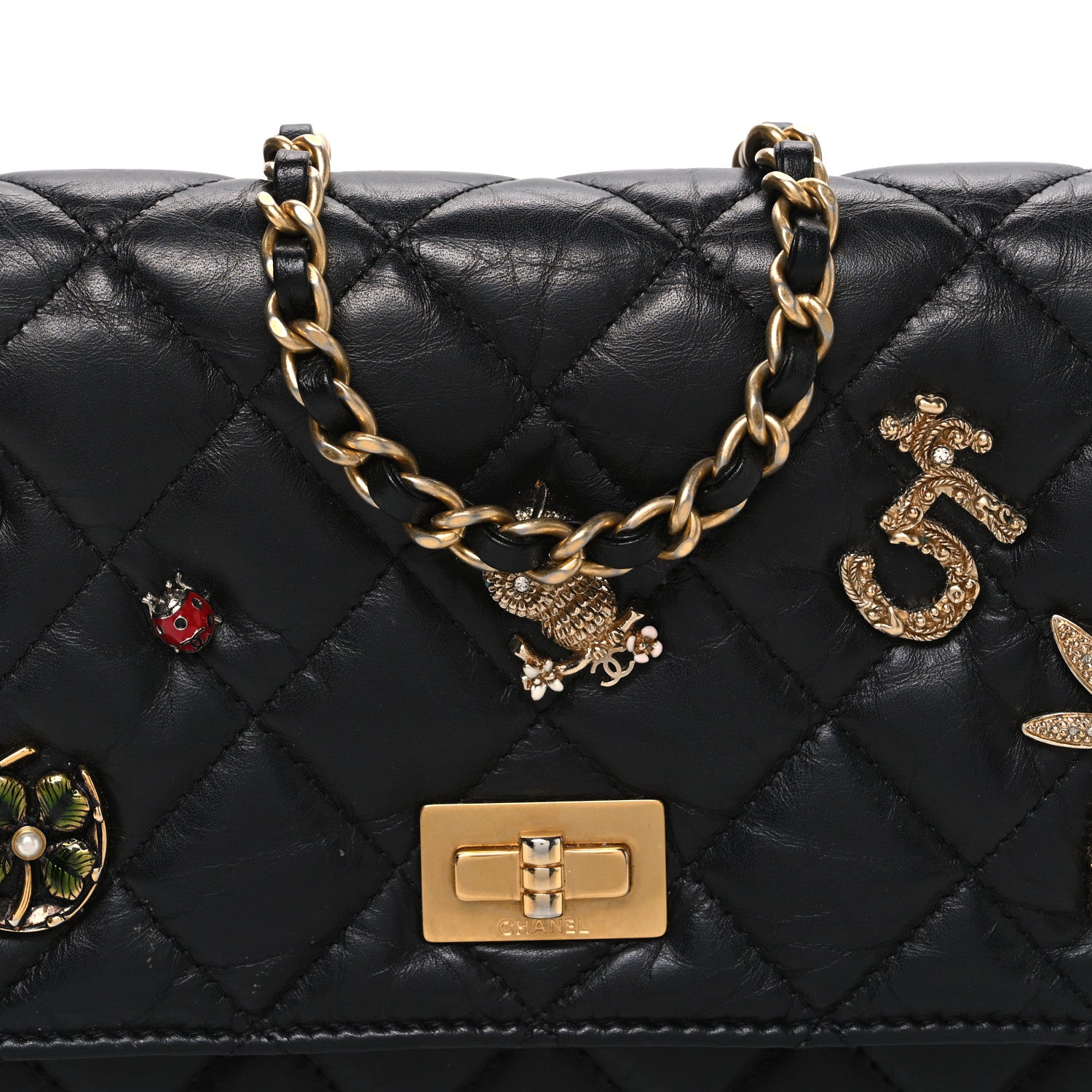 Chanel Aged Calfskin Lucky Charms 2.55 Reissue Wallet on Chain WOC Black 9 of 12