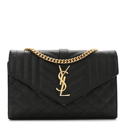 Saint Laurent Grain De Poudre Mixed Matelasse Triquilt Monogram Chain Wallet Black 1 of 10