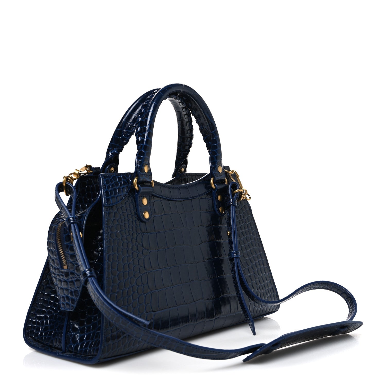 Balenciaga Shiny Supple Calfskin Crocodile Embossed Neo Classic Gold Hardware S City Navy 3 of 10