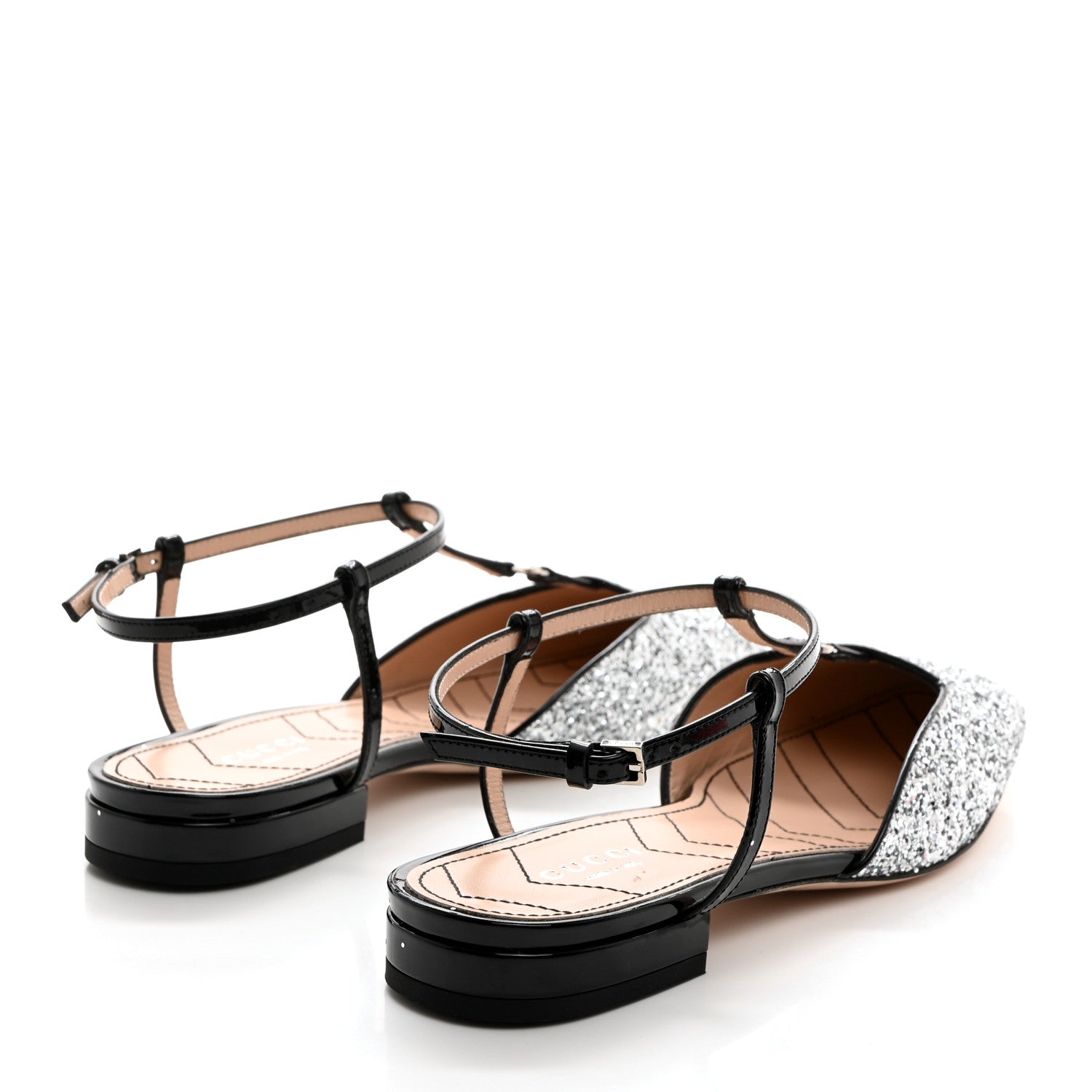 Gucci Calfskin Glitter Double G Slingback Flats 37 Silver Black 4 of 8