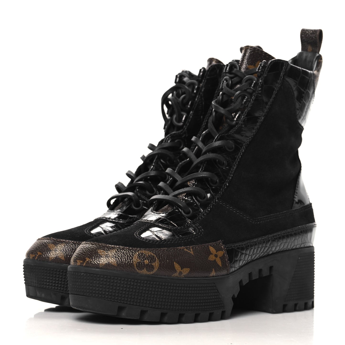 Suede Calfskin Crocodile Embossed Patent Monogram Laureate Platform Desert Boots 38 Black