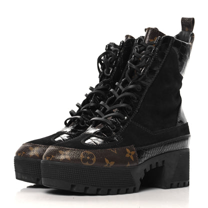 Louis Vuitton Suede Calfskin Crocodile Embossed Patent Monogram Laureate Platform Desert Boots 38 Black 4 of 10