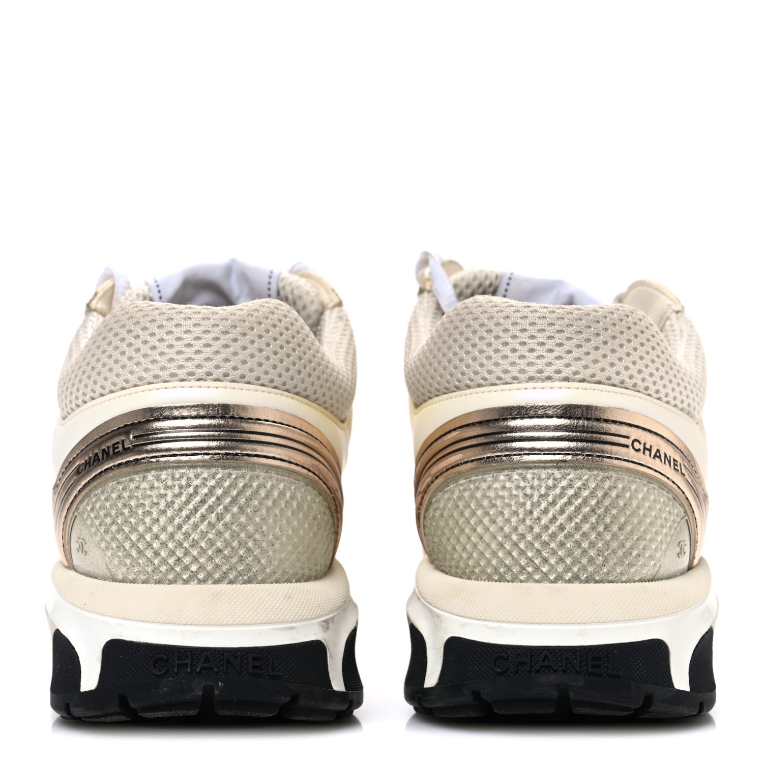 Chanel Fabric Laminated Calfskin Stretch CC Sneakers 41 Ivory