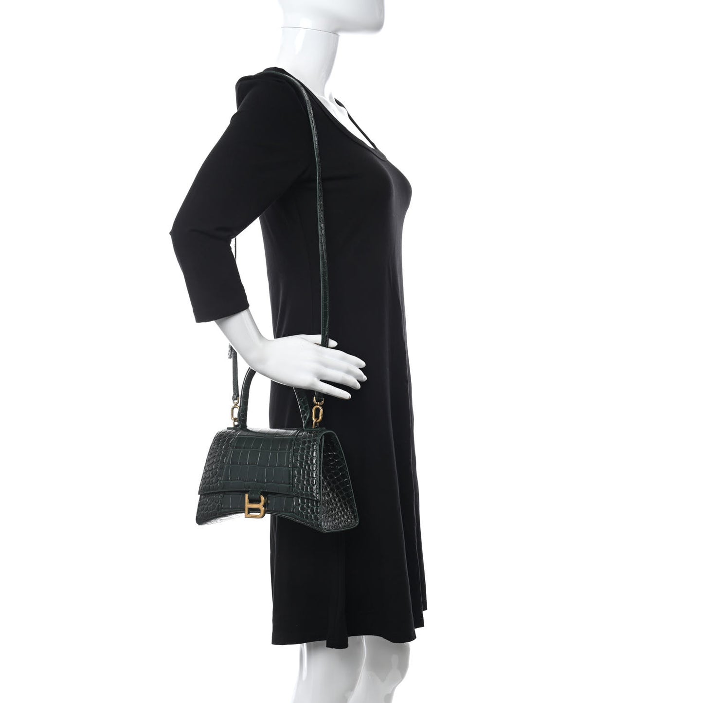 Shiny Calfskin Crocodile Embossed Small Hourglass Top Handle Bag Forest Green