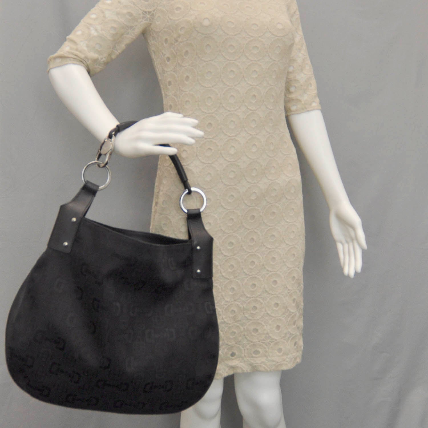 Gucci Canvas Bamboo Horsebit Print Hobo Black 2 of 9