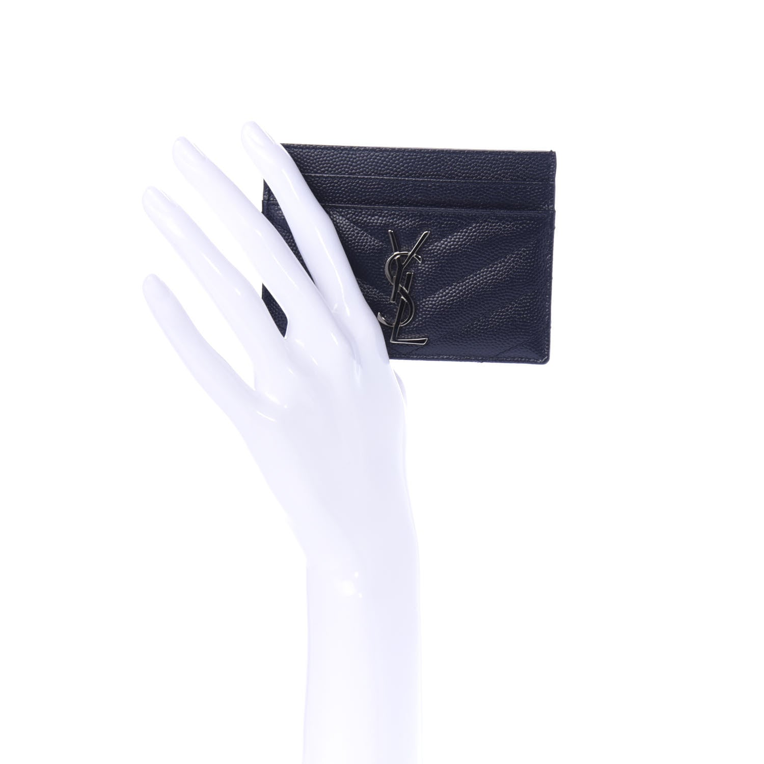 Saint Laurent Grain De Poudre Matelasse Monogram Chevron Credit Card Case Deep Marine 2 of 8