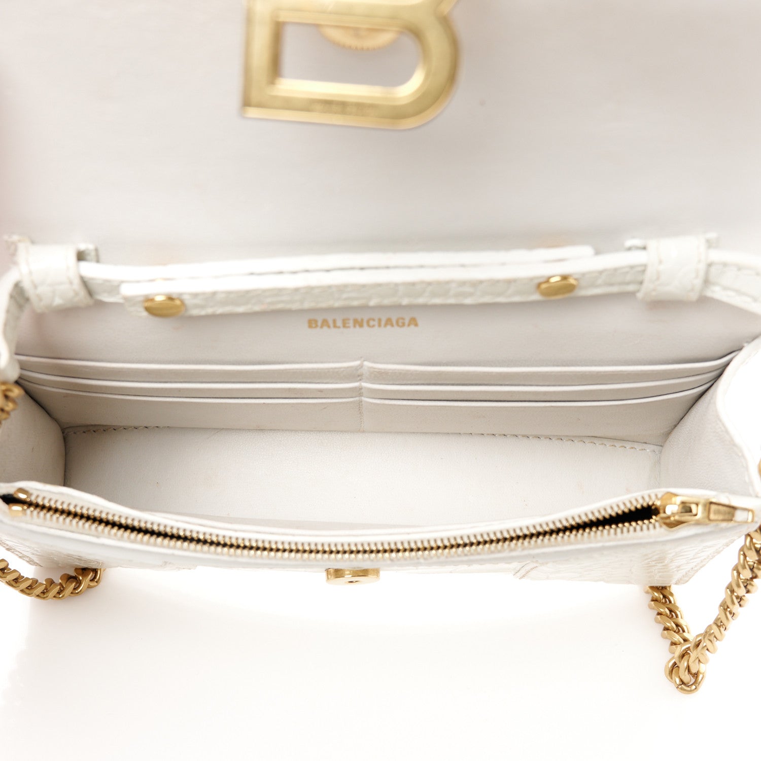 Balenciaga Shiny Calfskin Crocodile Embossed Hourglass Chain Bag White 5 of 13