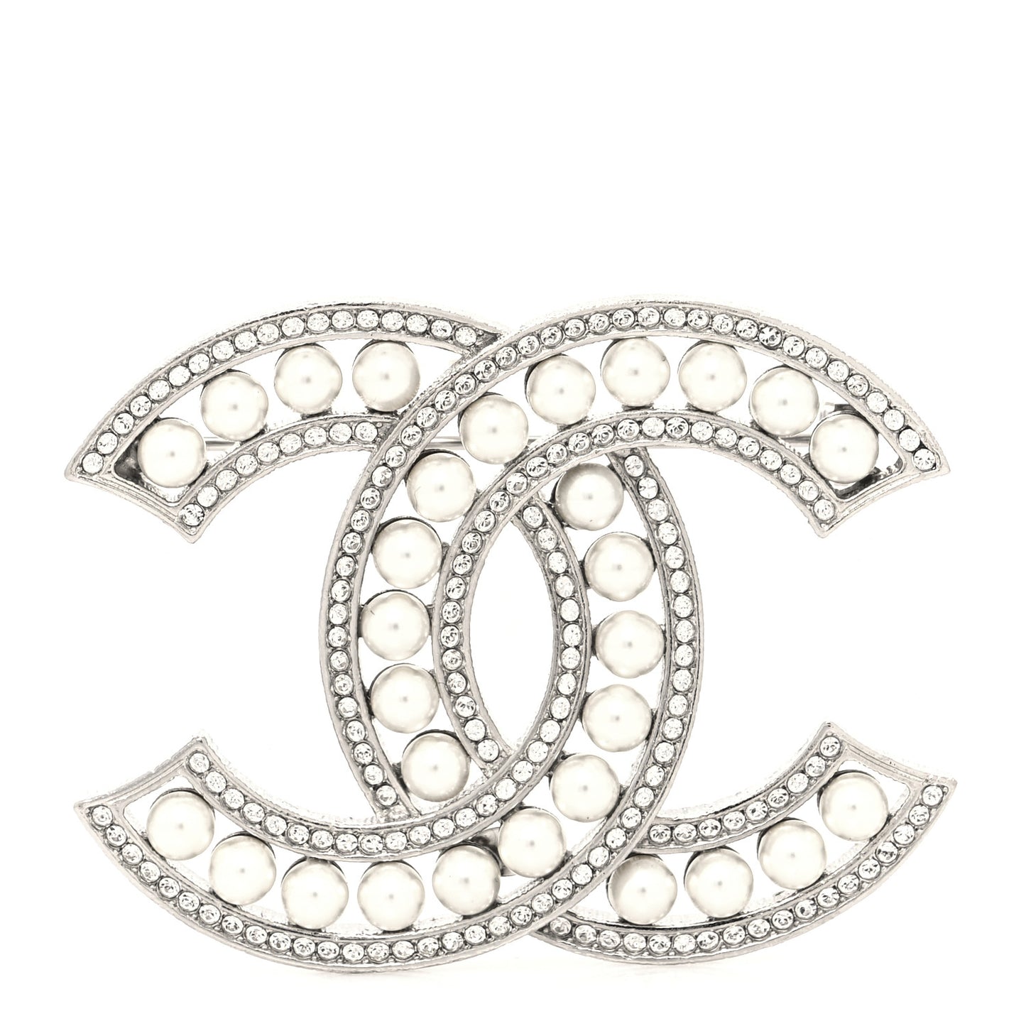 Pearl Crystal CC Brooch Silver
