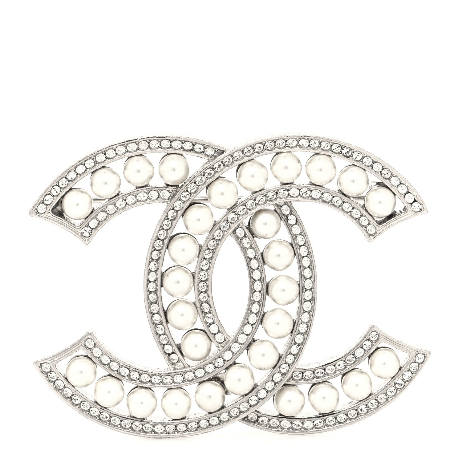 Chanel Pearl Crystal CC Brooch Silver 1 of 4