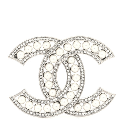 Chanel Pearl Crystal CC Brooch Silver 1 of 4