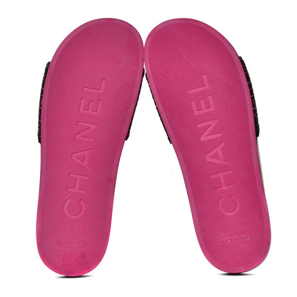 Chanel Tweed Grosgrain Camellia CC Flat Mules 40 Black Pink 11 of 12
