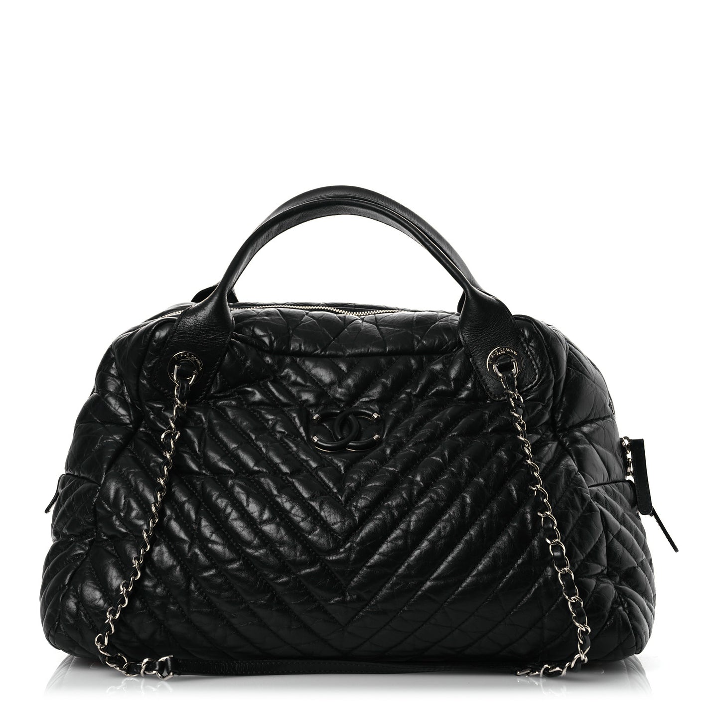 Aged Calfskin Chevron Large Soft Bowling Bag Black